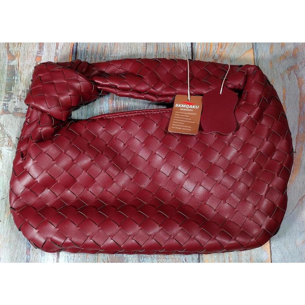 SKMQAKU Women's Burgundy Woven Leather Shoulder Bag